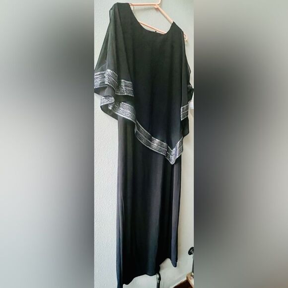 S.L. FASHIONS COLD SHOULDER CAPELET MAXI DRESS W/ METALLIC TRIM WOMENS 14W~NWT - Picture 4 of 8